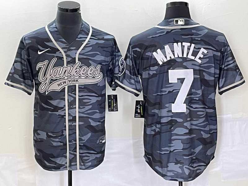 Mens New York Yankees #7 Mickey Mantle Grey Camo Cool Base With Patch Stitched Baseball Jersey->new york yankees->MLB Jersey